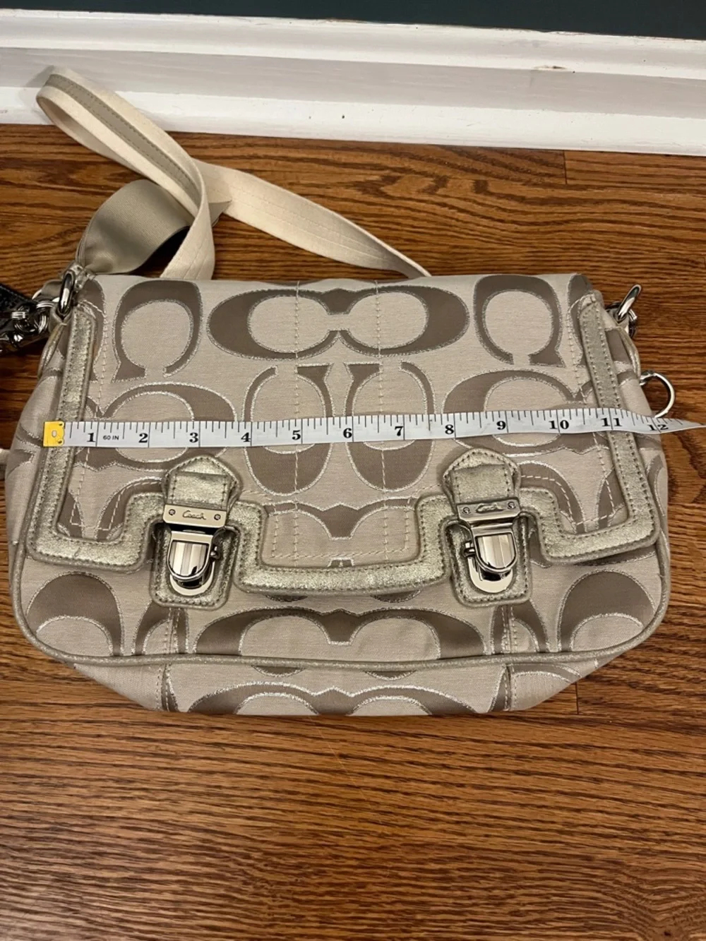 Coach Poppy Signature C Metallic Sateen & Leather Messenger Flap Satchel #18352